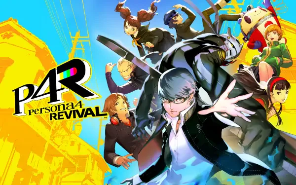 Vibrant 4K Ultra HD PC wallpaper of the video game Persona 4 Revival (P4R): protagonist and friends in dynamic poses with a stylized city backdrop.