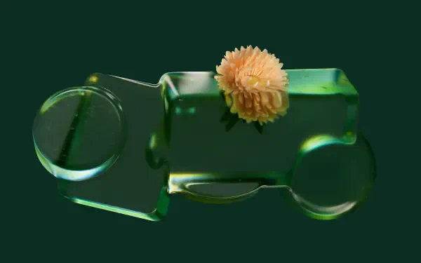 Microsoft Opaline 4K Ultra HD PC desktop wallpaper and background: translucent green glass toy car topped with a pale orange pompom flower against a deep green field.