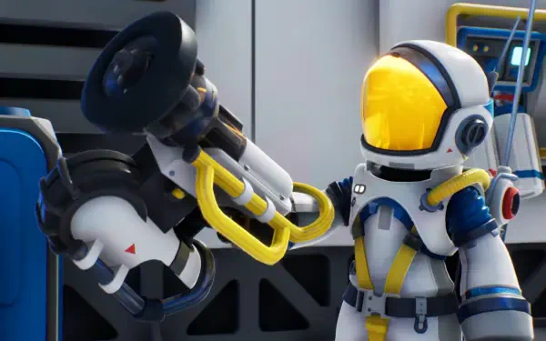 HD PC desktop wallpaper from the video game Starseeker: Astroneer Expeditions showing an astronaut in a white-yellow spacesuit inspecting a robotic arm inside a futuristic base.