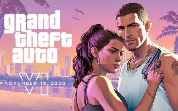 HD PC desktop wallpaper for the video game Grand Theft Auto VI: two characters embrace on a neon sunset beach with palms, city skyline and the GTA VI logo (November 19, 2026).