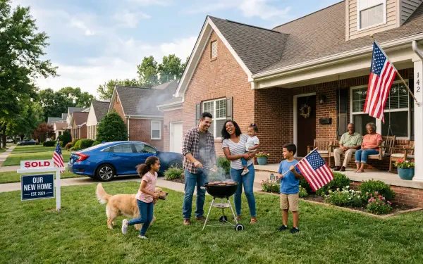 The American Dream — 5K Ultra HD PC Desktop Wallpaper and Background: multigenerational family grilling on a suburban lawn, kids waving American flags, 'Sold' sign and neighbors on porch.
