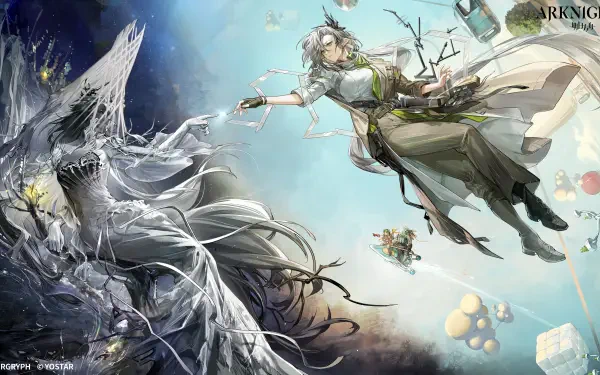 5K Ultra HD PC desktop wallpaper of Arknights video game: an airborne operator in flowing robes reaches toward a colossal frozen creature amid sky islands and drifting debris.