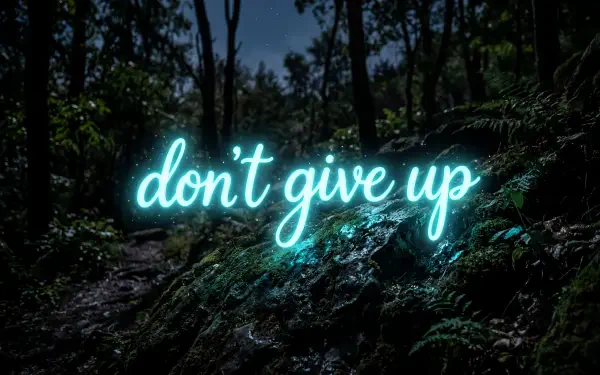 Neon don't give up script glowing over a shadowy forest — 5K Ultra HD PC desktop wallpaper/background.