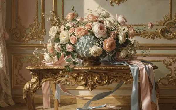 Wedding bouquet of blush roses and blue hydrangeas on an ornate gilded table with pastel ribbons, 4K Ultra HD PC desktop wallpaper and background.