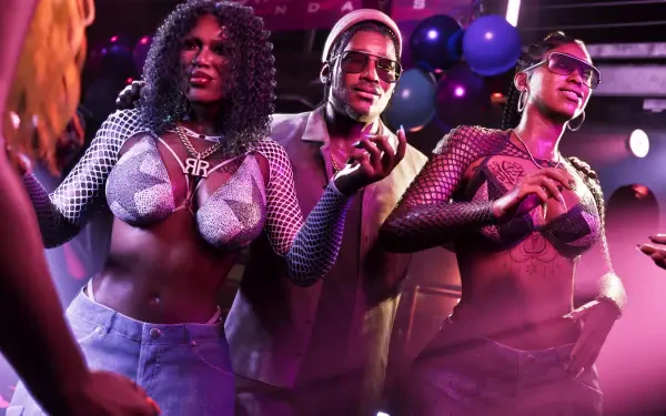 4K Ultra HD PC wallpaper of a video game Grand Theft Auto VI-style nightclub scene: two dancers in mesh tops flank a performer under neon lights and balloons.