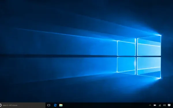 Windows 10 4K Ultra HD PC desktop wallpaper and background: glowing Windows logo emits blue light rays across a dark, textured desktop with visible taskbar.