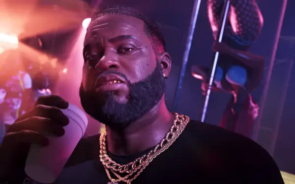 Boobie Ike from Grand Theft Auto VI in a neon-lit club, cup in hand and gold chains visible — 4K Ultra HD PC desktop wallpaper (Grand Theft Auto video game).