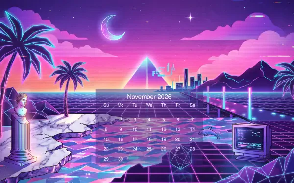 Synthwave 5K Ultra HD PC desktop wallpaper and background with neon grid, palm trees, glowing pyramid, crescent moon and city skyline, overlaid November 2026 calendar.
