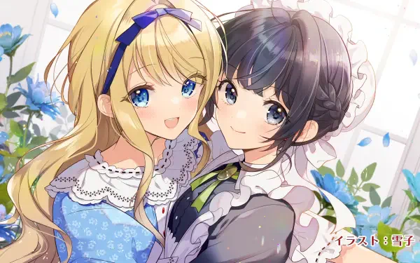 HD PC desktop wallpaper: Luciana Rutleberg (Melody Wave) and a blonde companion from Heroine? Saint? No I’m an All-Works Maid (And Proud of It)! smiling together as maids in a sunlit room.