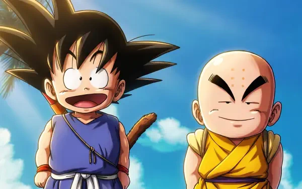 HD PC desktop wallpaper and background of Dragon Ball anime: kid Goku and Krillin smiling together against a bright blue sky.