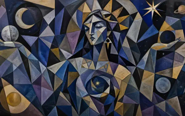 Abstract geometric cosmic goddess in blues, purples and golds, framed by moons, stars and planets — 4K Ultra HD PC desktop wallpaper and background.