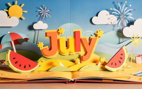 July 4K Ultra HD PC desktop wallpaper and background: bright pop-up book scene with bold July letters, sun, clouds, fireworks, waves and watermelon slices.