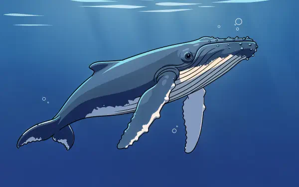 Illustrated humpback whale gliding beneath sunlit water with bubbles — 4K Ultra HD PC desktop wallpaper and background.