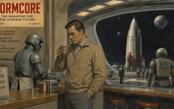 Normcore retro-futuristic 4K Ultra HD PC desktop wallpaper — man in plain sweater sips coffee at a space-diner counter as robot servers and a rocket appear outside a starry window.