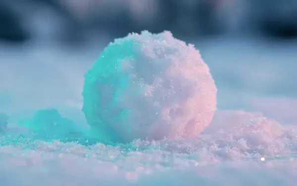 Close-up of a snowball resting on fresh snow, bathed in teal and pink light — 4K Ultra HD PC desktop wallpaper and background.