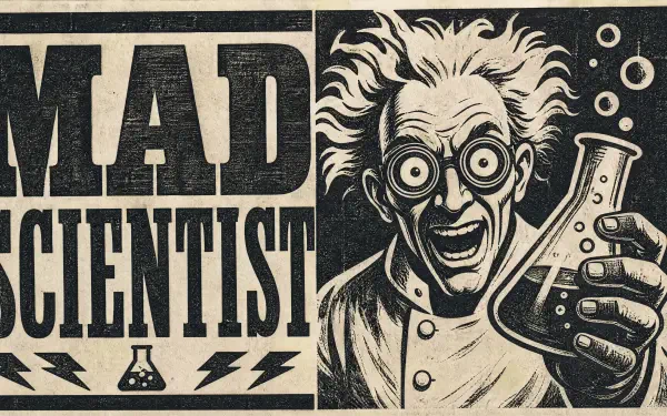 Retro mad scientist illustration holding a bubbling flask, bold 'MAD SCIENTIST' typography — 4K Ultra HD PC desktop wallpaper and background.