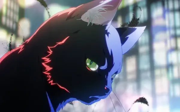 Anime HD desktop wallpaper of Ragou (Black Torch): a black cat-like figure with neon red-blue highlights and a green eye against a blurred city background.