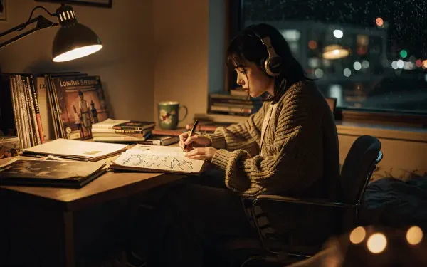 Sad lofi girl at a dim desk, headphones on, writing by a warm lamp with rain against the window — 4K Ultra HD PC desktop wallpaper