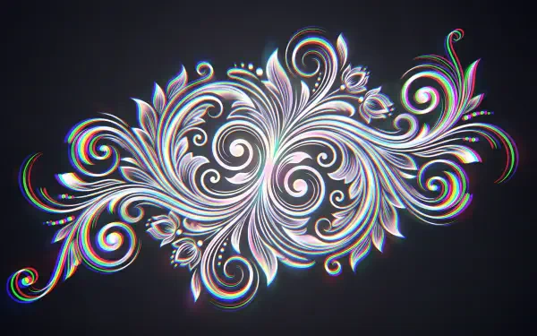 Iridescent artistic vector flourish of swirling filigree and leaves on a dark backdrop — ornate chromatic swirls, 5K Ultra HD PC desktop wallpaper and background.