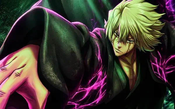 5K Ultra HD PC wallpaper: Kisuke Urahara from Bleach: Thousand-Year Blood War unleashing bankai, teal-green hair, dark robe and crackling purple energy.