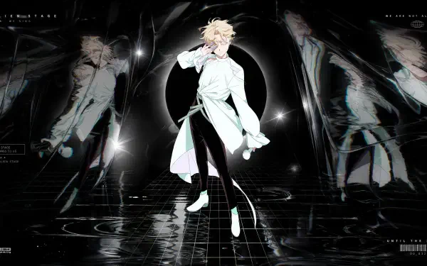 Alien Stage — blond figure in a white coat on a reflective black stage with an eclipse and sci-fi lights; 4K Ultra HD PC desktop wallpaper and background.