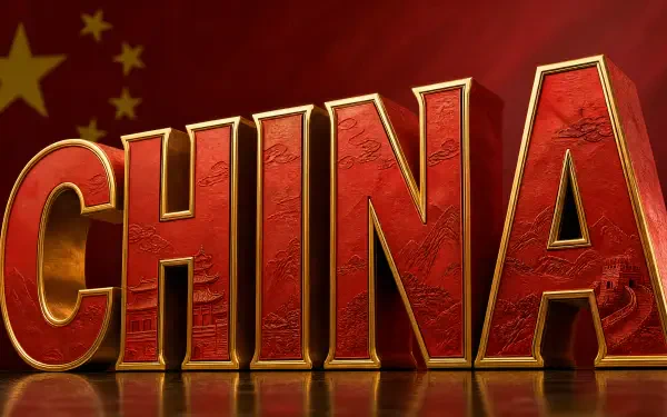 4K Ultra HD PC desktop wallpaper: bold 3D gold-edged red letters spelling CHINA with subtle map texture and a faded Chinese flag backdrop.
