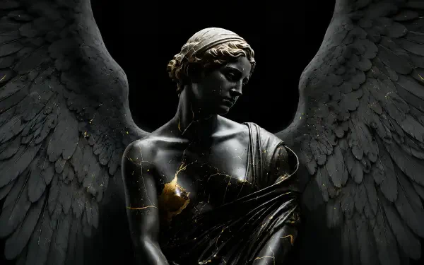 Dark artistic angel statue with outstretched wings, black marble texture and gold veins, dramatic lighting — 2K Quad HD PC desktop wallpaper/background.
