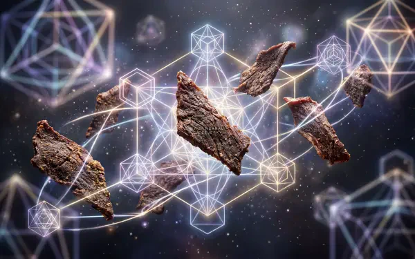 Beef jerky pieces float through a cosmic starfield with glowing geometric wireframe cubes and hexagons — 5K Ultra HD PC desktop wallpaper/background.