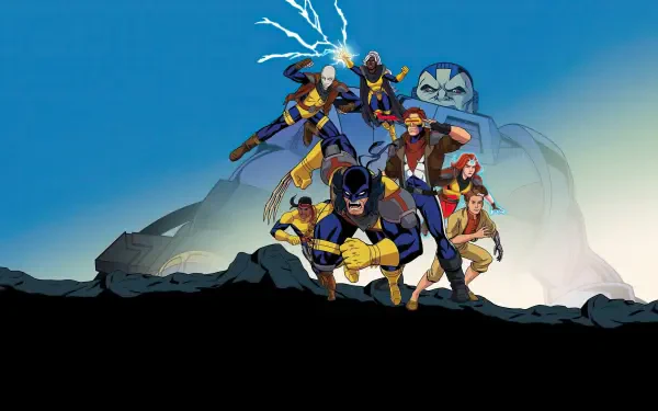 X‑Men '97 4K Ultra HD PC desktop wallpaper: animated X‑Men team posed on a rocky ridge — Cyclops front with Storm, Wolverine, Jean Grey, Gambit and Beast under a bright blue sky.