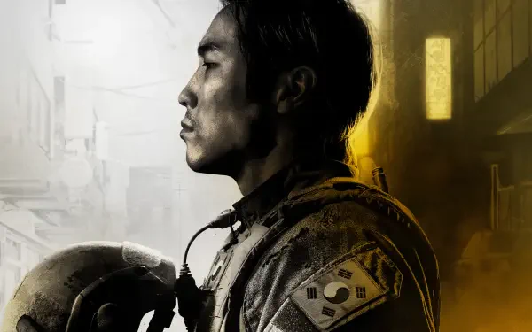 4K Ultra HD PC desktop wallpaper and background: profile of a soldier in uniform holding a helmet against a gray city and warm yellow backdrop.