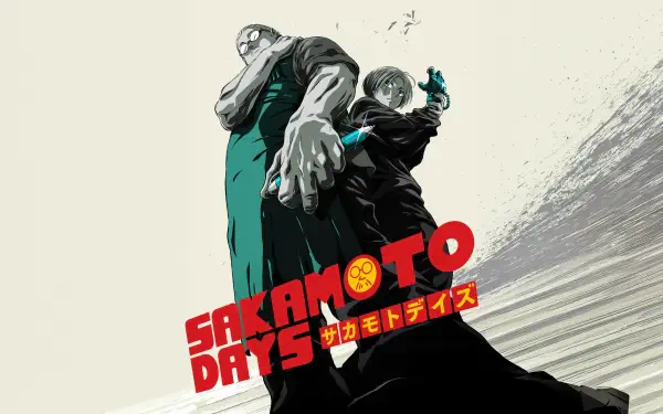 Two Sakamoto Days characters stand back-to-back in bold stylized art with the series logo and dynamic brushstroke background — 5K Ultra HD PC desktop wallpaper and background.