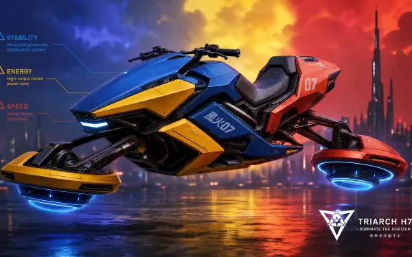 Sleek blue-and-yellow hoverbike floats above neon-reflected water with a futuristic skyline at sunset — 4K Ultra HD PC Desktop Wallpaper and Background.