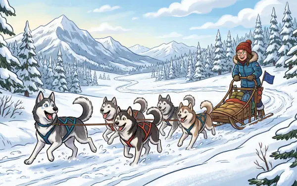 5K Ultra HD PC desktop wallpaper/background: illustrated dog sled team pulling a smiling musher through a snowy mountain valley with pine trees and a winding trail.