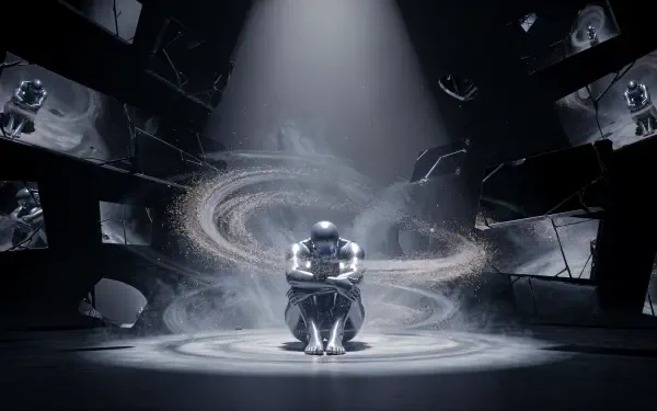 4K Ultra HD PC desktop wallpaper background I hate myself: reflective humanoid crouches in a spotlight as swirling dust and cracked mirrors encircle a dark, fragmented chamber.