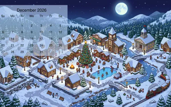 December 2026 calendar over a 5K Ultra HD PC desktop wallpaper showing a snowy mountain village at night with a lit Christmas tree, ice rink and full moon.