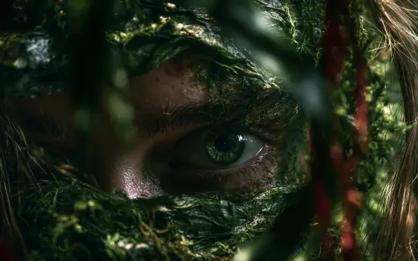 Close-up of an eye peering through moss and leaves, a camouflaged face in shadowy green tones — 2K Quad HD PC desktop wallpaper and background.