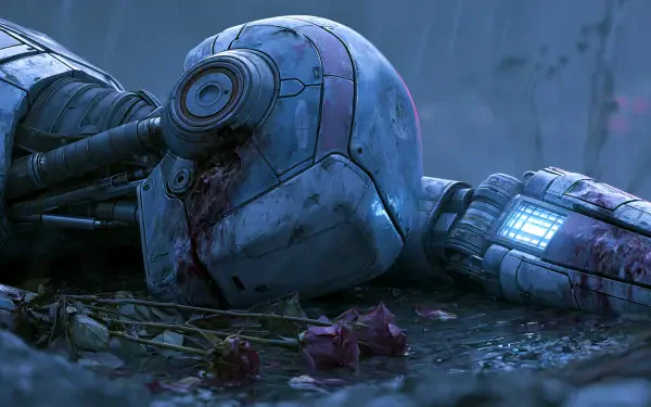 Sci‑fi scene of a damaged humanoid robot lying on wet ground among wilted roses, blood and scrapes, cold blue lighting — 2K Quad HD PC desktop wallpaper/background.