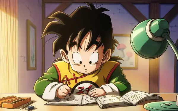 HD PC desktop wallpaper of Gohan from Dragon Ball Z: anime scene showing him studying at a wooden desk, focused on open notebooks under a green lamp in a cozy room.
