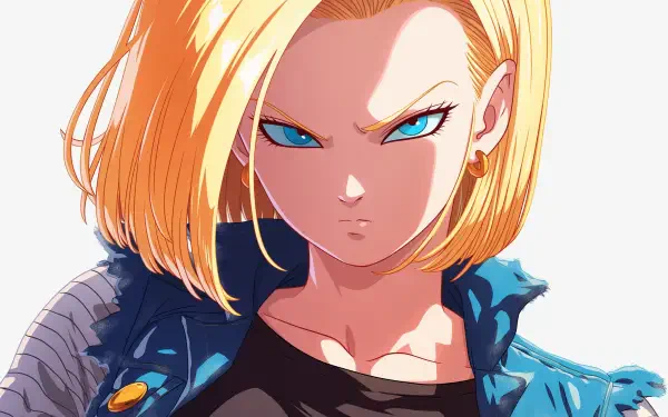 4K Ultra HD PC desktop wallpaper of Anime Android 18: close-up portrait with piercing blue eyes, short blonde hair, leather jacket and intense stare.