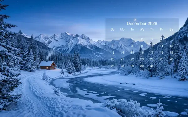December 2026 calendar overlaid on a 5K Ultra HD PC desktop wallpaper and background: snowy river, cabin and pine‑covered mountains beneath a clear blue sky.