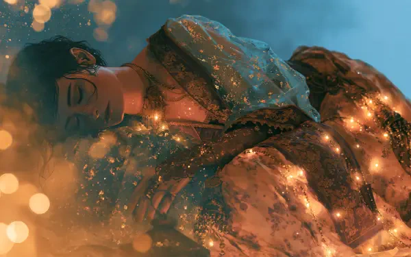 2K Quad HD desktop wallpaper: a sleeping woman wrapped in glittering fabric amid warm bokeh lights against a dreamy blue backdrop.