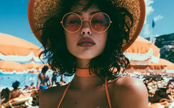 Woman in a straw hat and round sunglasses at a sunny, crowded beach — vibrant 2K Quad HD PC desktop wallpaper and background.