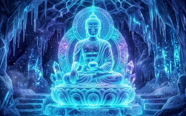 Neon-blue crystalline Buddha in lotus pose within an icy cavern, ethereal halo and glowing crystals — 5K Ultra HD PC desktop wallpaper and background.