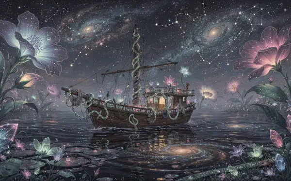 4K Ultra HD PC desktop wallpaper and background: a dreamlike fishing boat drifting on reflective waters beneath a star-filled galaxy, surrounded by glowing oversized flowers and shimmering lights.