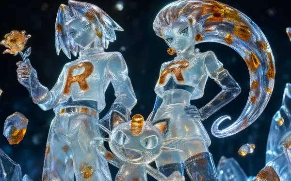 Team Rocket 4K Ultra HD PC desktop wallpaper: translucent glass-style Jessie, James and Meowth with gold accents floating against a dark, starry background.