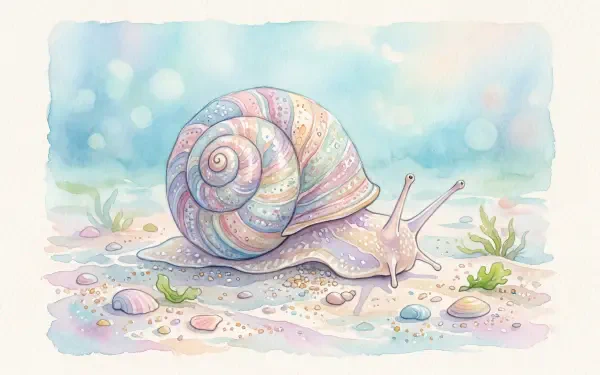 Pastel watercolor sea snail on a sandy seabed with shells and seagrass, soft bokeh — 5K Ultra HD PC desktop wallpaper and background.