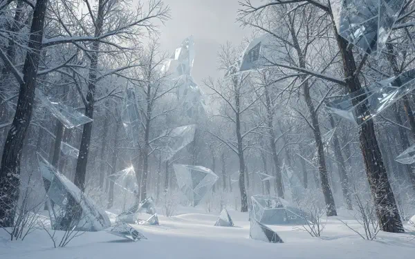 4K Ultra HD PC desktop wallpaper and background: snow-covered winter forest with bare trees and towering crystalline ice shards under a pale, misty sky.