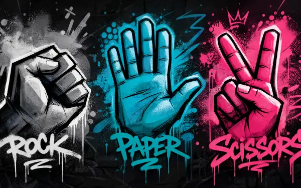 4K Ultra HD PC desktop wallpaper/background: graffiti-style rock, paper, scissors — gray fist, cyan open hand, magenta V-sign with paint-splatter accents.