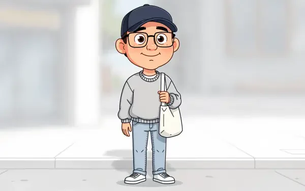 Normcore cartoon character in cap and glasses, gray sweater, jeans and tote bag on a blurred city sidewalk — 4K Ultra HD PC Desktop Wallpaper and Background.