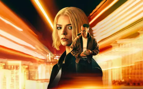 Lucky 4K Ultra HD PC desktop wallpaper/background: dramatic blonde woman and man framed by streaking neon city lights.
